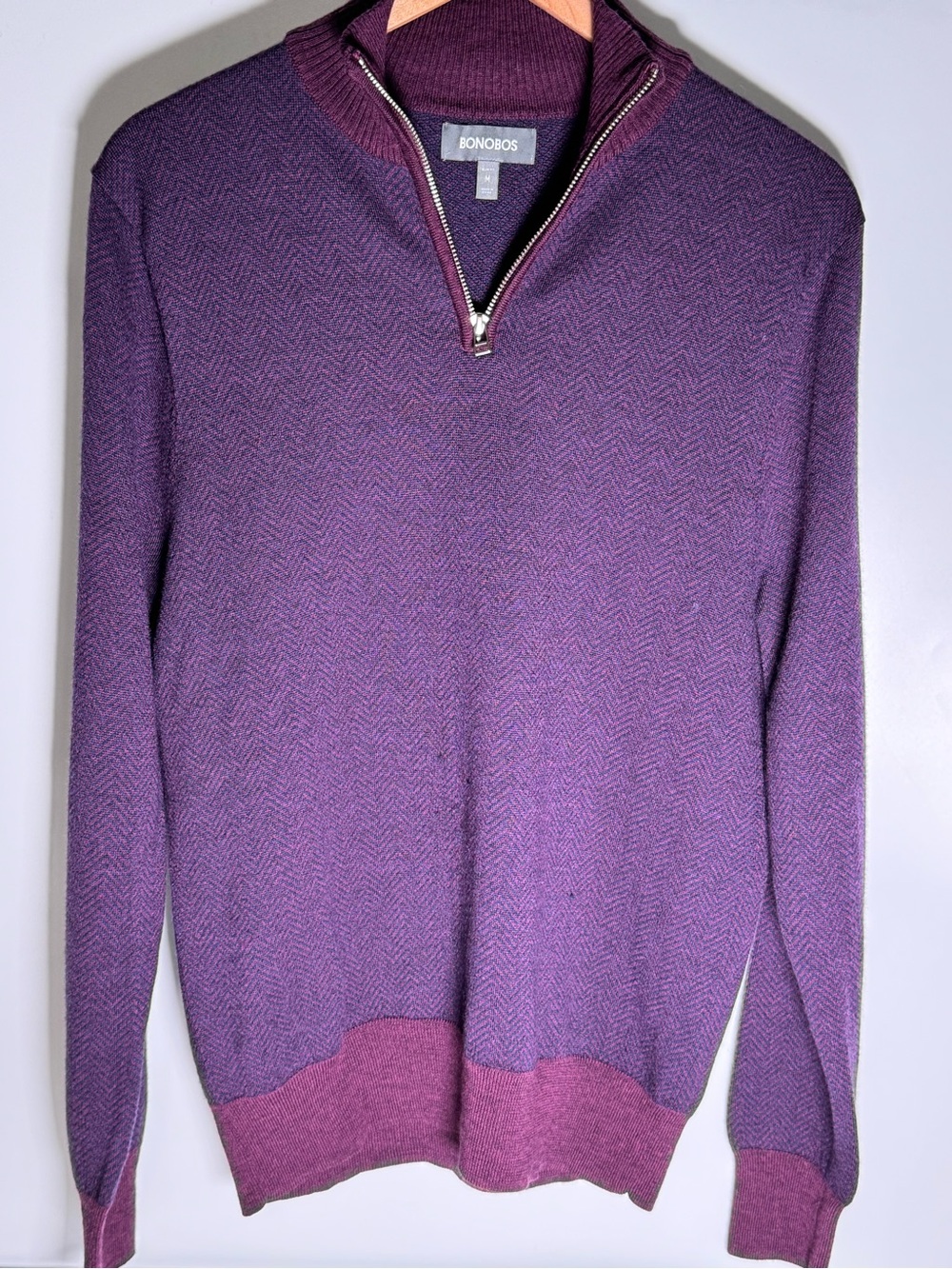 Bonobos Extra Fine Merino Wool 1/4 Zip Sweater - Purple Herringbone - Medium